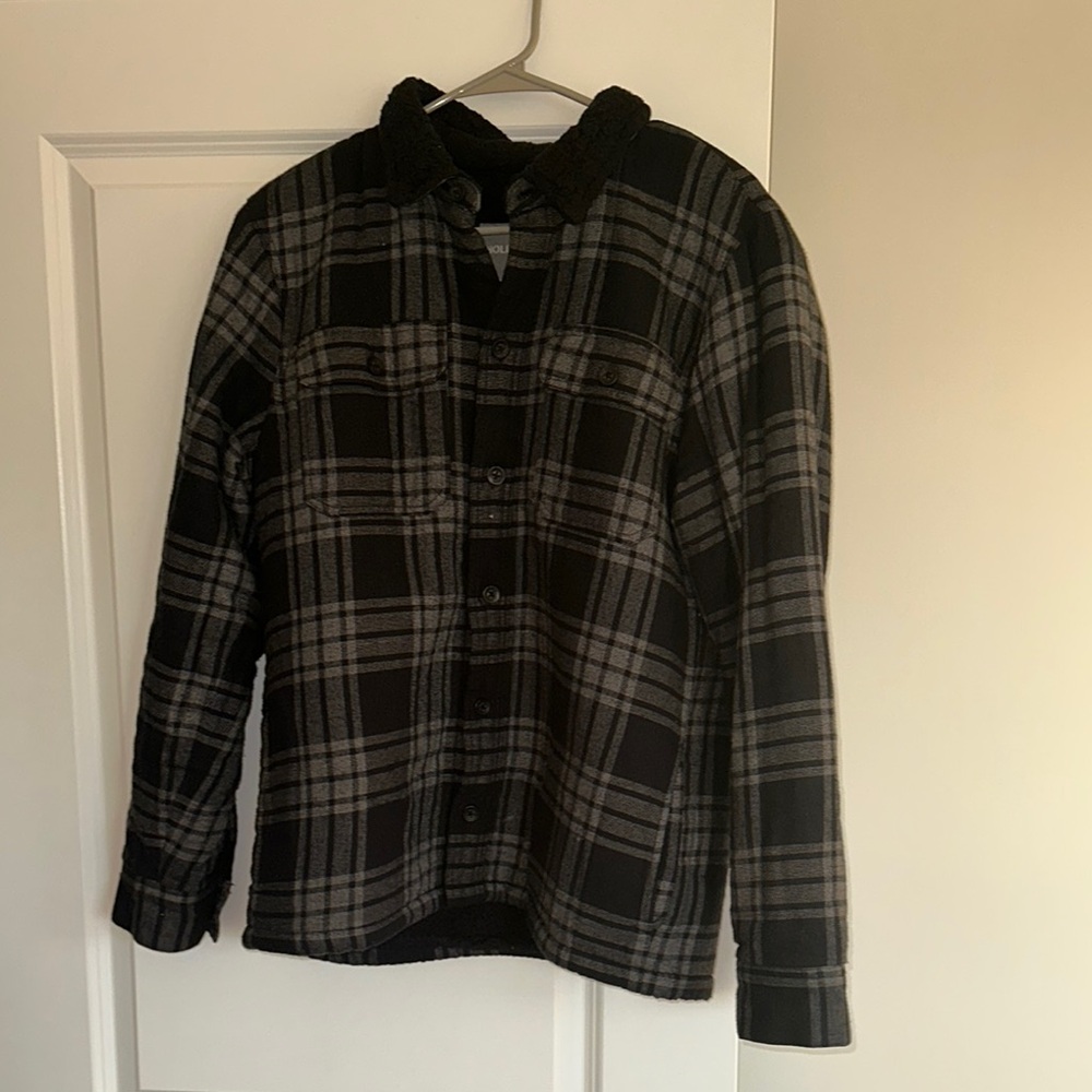 Hollister Black and Gray Plaid Shirt Jacket with Hood
